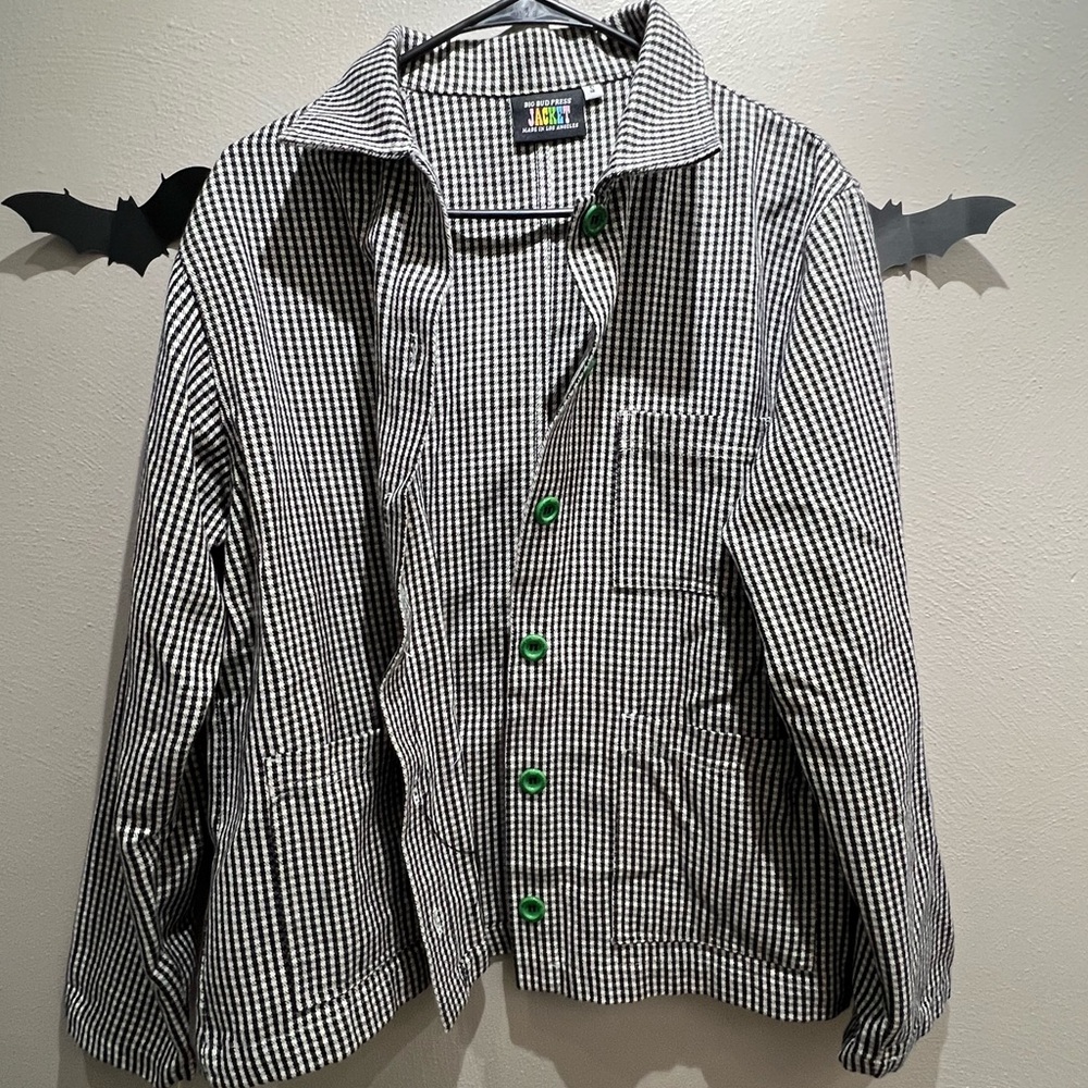 Big Bud Press | Black and White Checkered Work Jacket with Green Buttons | Small